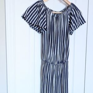 Navy + White Slim Striped Long Dress w Flutter Sleeves. XS.